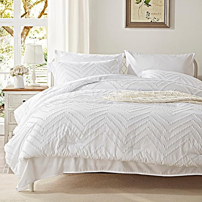 Anluoer Queen Comforter Set, White Tufted Bed in a Bag 7 Pieces with comforters and sheets, All Season Bedding Sets with 1 Comforter, 2 PillowShams, 2 Pillowcases, 1 Flat Sheet, 1 Fitted Sheet - LeafyLoom