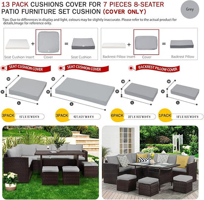 ClawsCover 13Pack Outdoor Seat and Back Cushions Replacement Covers Fit for 7Pieces Wicker Rattan Patio Furniture Set Sectional Couch with Dining Table and Ottoman,Gray-Include Cover Only - LeafyLoom