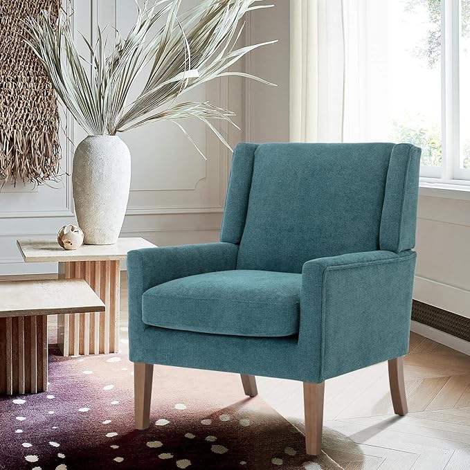 COLAMY Modern Wingback Living Room Chair, Upholstered Fabric Accent Armchair, Single Sofa chair with Lounge Seat and Wood Legs for Bedroom/Office/Reading Spaces, Teal - LeafyLoom