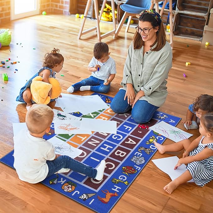 Machine Washable Educational Alphabet Design Non-Slip Rubberback 3x5 Kid's Area Rug for Playroom, Kid's Room, Bedroom, Kindergarten, 3'3" x 5', Blue - LeafyLoom