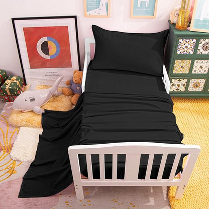 NTBAY Toddler Bedding Set - 4 Piece Soft and Breathable Crib Bedding Set for Boys and Girls, Includes Quilted Comforter, Fitted Sheet, Flat Top Sheet and Envelope Pillowcase, Black - LeafyLoom