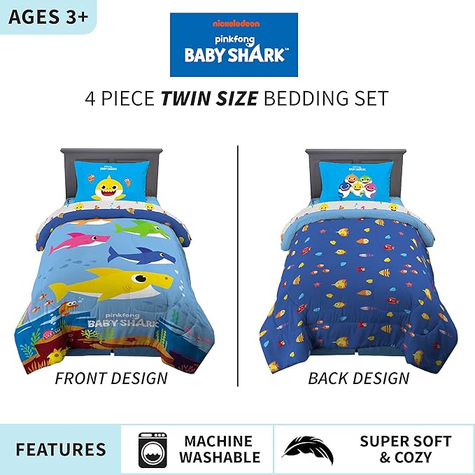 Franco Kids Bedding Super Soft Comforter and Sheet Set, 4 Piece Twin Size, Baby Shark - LeafyLoom