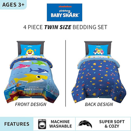 Franco Kids Bedding Super Soft Comforter and Sheet Set, 4 Piece Twin Size, Baby Shark - LeafyLoom