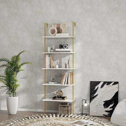 Panana Industrial 5 Tier Ladder Shelf, Open Space Book Shelf Wall Mount Bookshelf with Metal Frame Sturdy Bookcase for Living Room (White, 5 Tier) - LeafyLoom