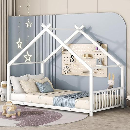 RITSU Twin Size Montessori Floor House Bed, Bedframe with Metal Slat & with Headboard and Footboard, Sturdy Construction, for Children's Room, Girls, Boys, White - LeafyLoom