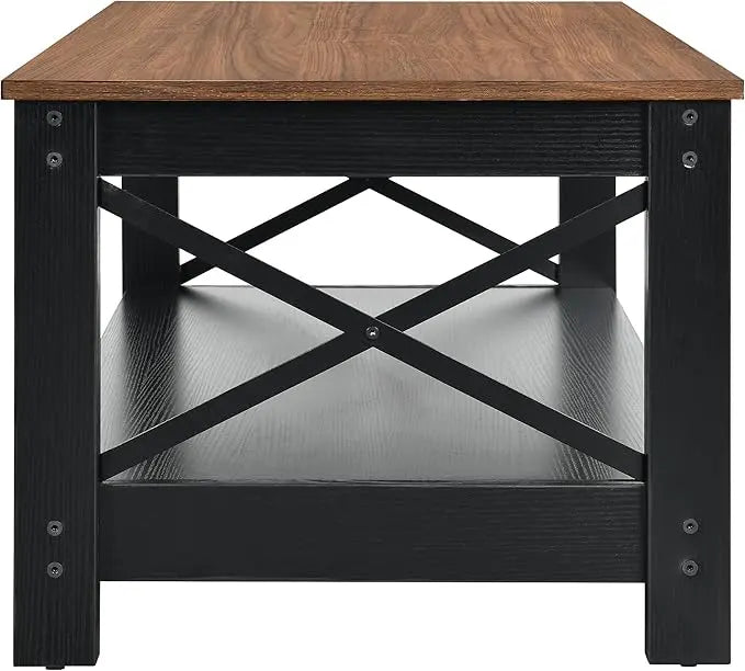 YITAHOME Coffee Table for Living Room,Modern Farmhouse Coffee Table with Storage,2-Tier Center Table for Living Room Wood Living Room Table Accent Cocktail with Sturdy Frame,Brown and Black - LeafyLoom