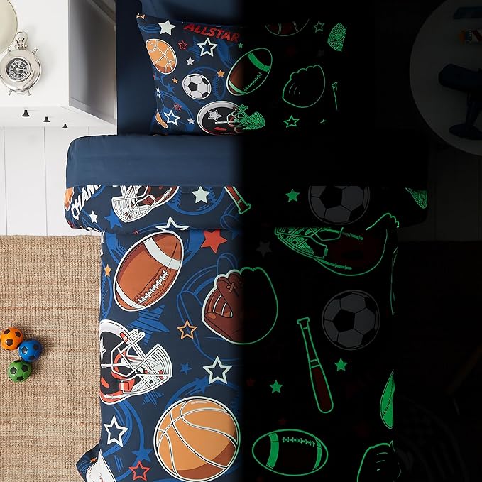 Sports Ball Games Twin Comforter Set with Sheets - 5 Pieces Kids Twin Bedding Sets for Boys, Glow in The Dark Baseball Basketball Football Soccer Twin Bed in a Bag for Kids, Teens - LeafyLoom