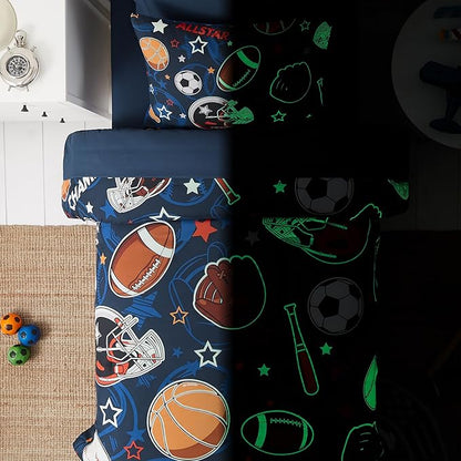 Sports Ball Games Twin Comforter Set with Sheets - 5 Pieces Kids Twin Bedding Sets for Boys, Glow in The Dark Baseball Basketball Football Soccer Twin Bed in a Bag for Kids, Teens - LeafyLoom