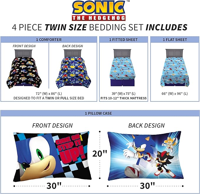 Sonic the Hedgehog Anime Kids Super Soft Comforter and Sheet Set, 4 Piece Twin Size by Franco, Prints may vary - LeafyLoom