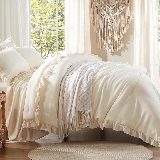 Anluoer King Comforter Set 7 Piece, Beige Bed in a Bag with Sheets, All Season Ruffle Shabby Chic Bedding Sets with 1 Comforter, 2 Pillow Shams, 2 Pillowcases, 1 Flat Sheet, 1 Fitted Sheet - LeafyLoom