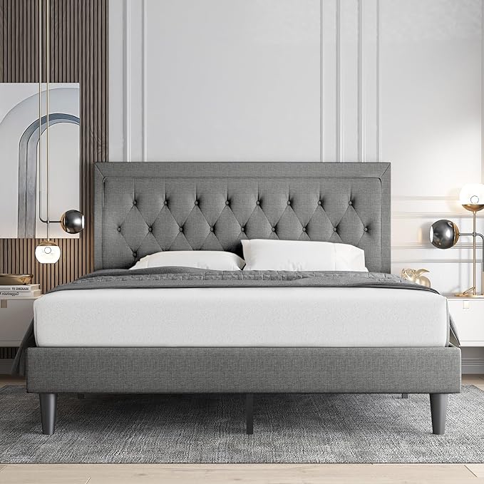 Allewie King Size Bed Frame Upholstered Platform Bed with Adjustable Headboard, Button Tufted, Wood Slat Support, Easy Assembly, Light Gray - LeafyLoom