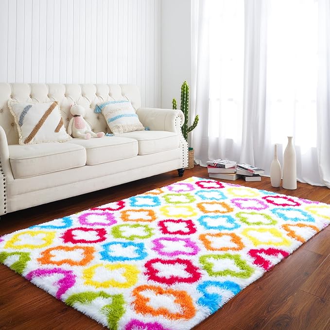 Tepook Fluffy Colorful Rug for Kids, Shaggy Soft Rainbow Area Rugs for Girls Bedroom, Indoor Modern Geometric Moroccan Rugs Plush Girls Kids Rug for Playroom Teens Room Nursery Home Decor, 4 X 6 ft - LeafyLoom