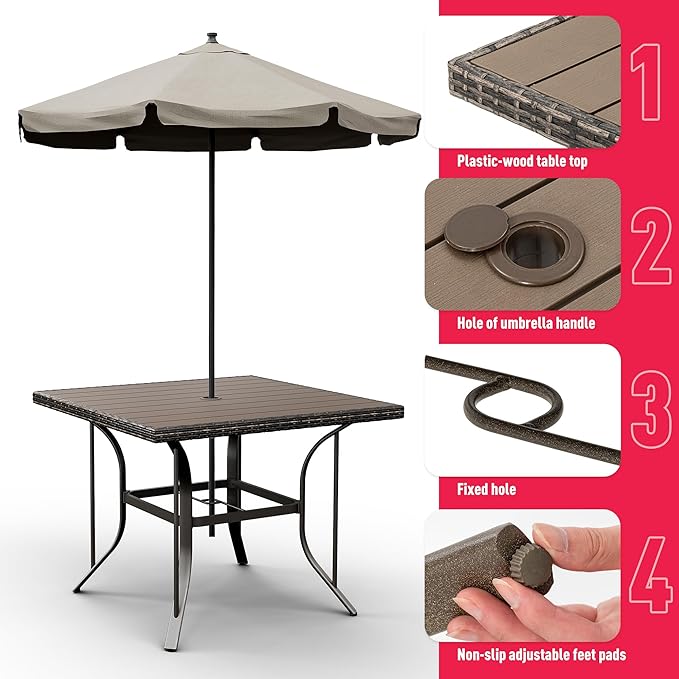 Pamapic Patio Table and Chairs Set, All-Weather Rattan Outdoor Table and Chairs with Removable Waterproof Cushions, Plastic-Wood Patio Dining Set for 4 with Umbrella Hole(Gray) - LeafyLoom