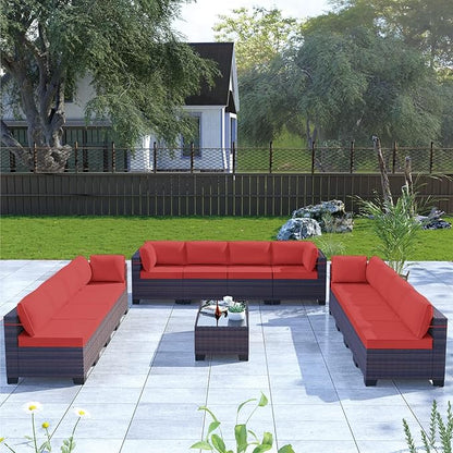 Kullavik 14PCS Outdoor Patio Furniture Set PE Wicker Rattan Sectional Sofa Patio Conversation Sets,Red - LeafyLoom