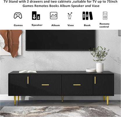 67 Inch TV Stand, Modern Television Stands with 2 Drawers and 2 Cabinets, Stylish Entertainment Center with 5 Champagne Legs for Living Room and Bedroom, Black - LeafyLoom