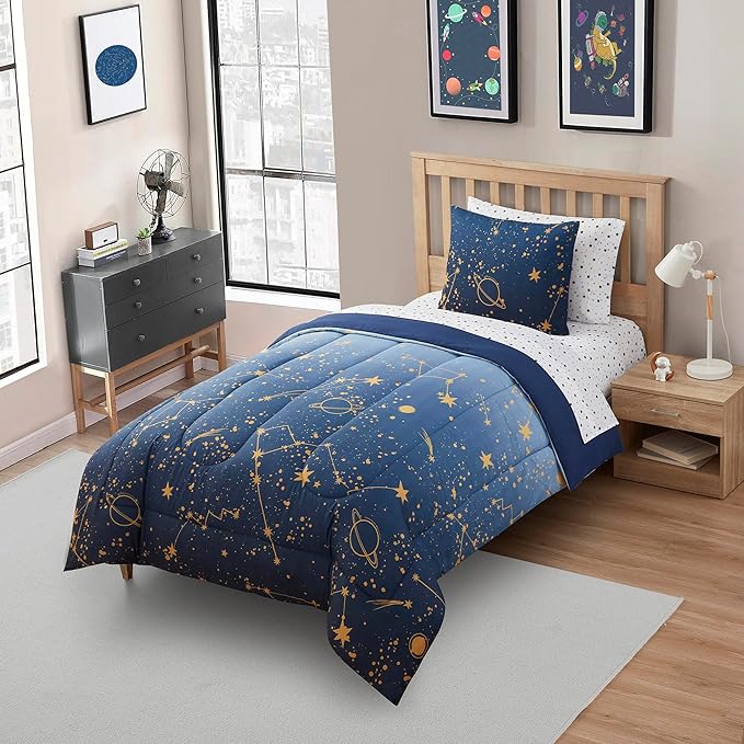 Kids Bedding Set Bed in a Bag for Boys and Girls Toddlers Printed Sheet Set and Comforter, Twin, Galaxy - LeafyLoom