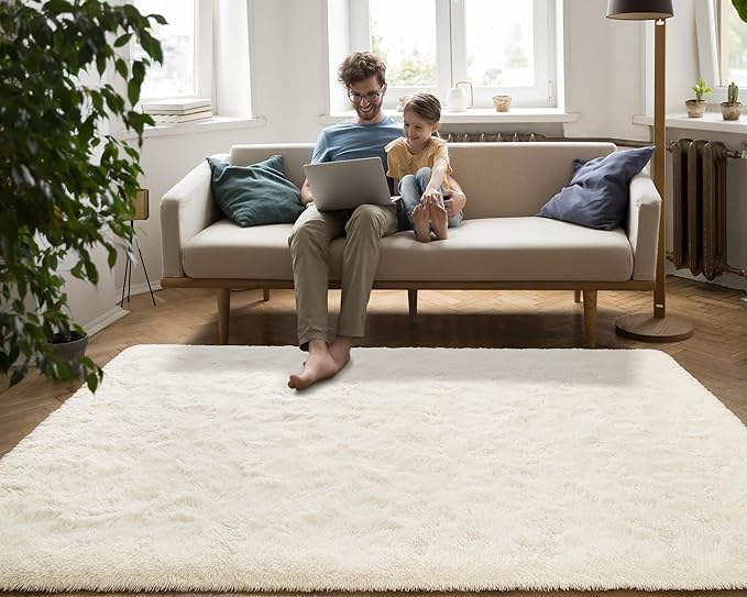 Softlife Rug for Living Room 6x9 Feet Area Rug for Bedroom Super Soft Shaggy Rugs for Kids Room Fluffy Fuzzy Carpets Long Plush Bedside Rug Nursery Christmas Home Decor for Boys Girls, Creamy White - LeafyLoom