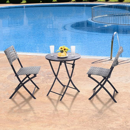 BACKYARD EXPRESSIONS PATIO · HOME · GARDEN 3 Pc 3 Piece Folding Outdoor Bistro, Wicker Furniture Table and Chairs for Garden, Backyard, Porch, Patio Conversation Set, Grey/Black - LeafyLoom