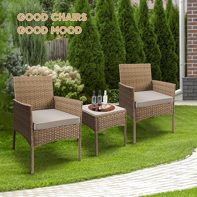 YIYAN 3 Pieces Patio Bistro Set Outdoor Wicker Furniture Outdoor Porch PE Rattan Wicker Chairs Furniture Sets with Sofa Chairs,Glass Coffee Table and Gray Washable Cushion - LeafyLoom