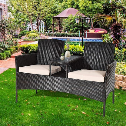 LUARANE Outdoor Rattan Sofas, Contract Patio Conversation Set Wicker Sofa Set with Built-in Coffee Table, Patio Furniture Set with Cushions, Rattan Loveseat for Lawn Backyard Garden (Brown+Beige) - LeafyLoom