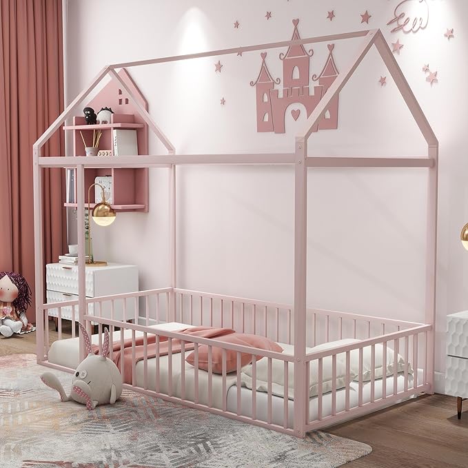 RITSU Twin Size Montessori Floor Bed, Metal House Bedframe with Fence, Robust Construction is Used, for Children'S Rooms, Boys Girls, No Box Spring Needed, Easy Assembly, Pink - LeafyLoom