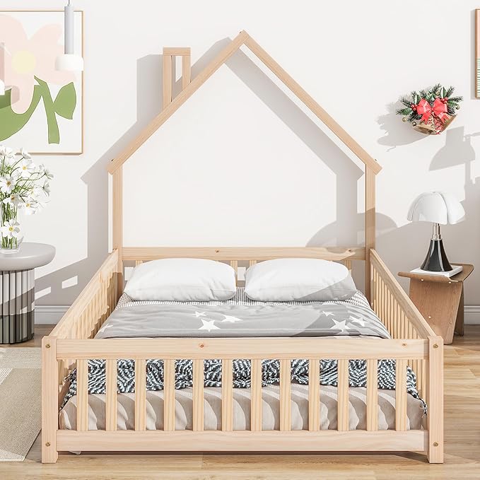 Bellemave Full Size House-Shaped Headboard Floor Bed for Kids, Montessori Floor Bed with Fence and Door,House Bed Twin Frame for Girls,Boys (Natural) - LeafyLoom