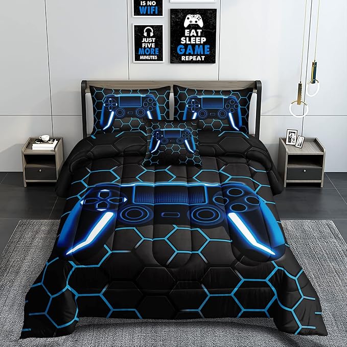 6 Pieces Gaming Bedding Set for Boys Gamer Comforter Set Full Size,Game Controller Comforter for Boys Kids Teen 3D Gamepad Microfiber Bedding Sets 6 Pieces Bed in A Bag Sets-H50022,Full - LeafyLoom