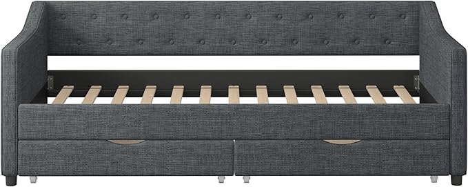 Twin Size Daybed with 2 Drawers, Upholstered Tufted Sofa Bed with Button on Back and Piping on Waved Shape Arms for Bedroom, Apartment, Living Room, Wooden Slats Support, Dark Grey - LeafyLoom