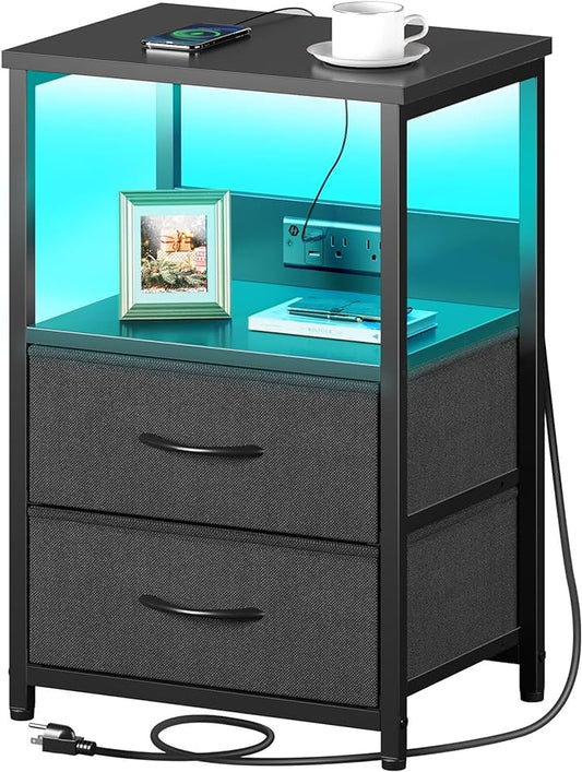 Seventable Nightstand with Charging Station, Bedside table with LED Lights, Night stand with 2 Fabric Drawers, 3-Tier Storage End Table for Bedroom, Black - LeafyLoom