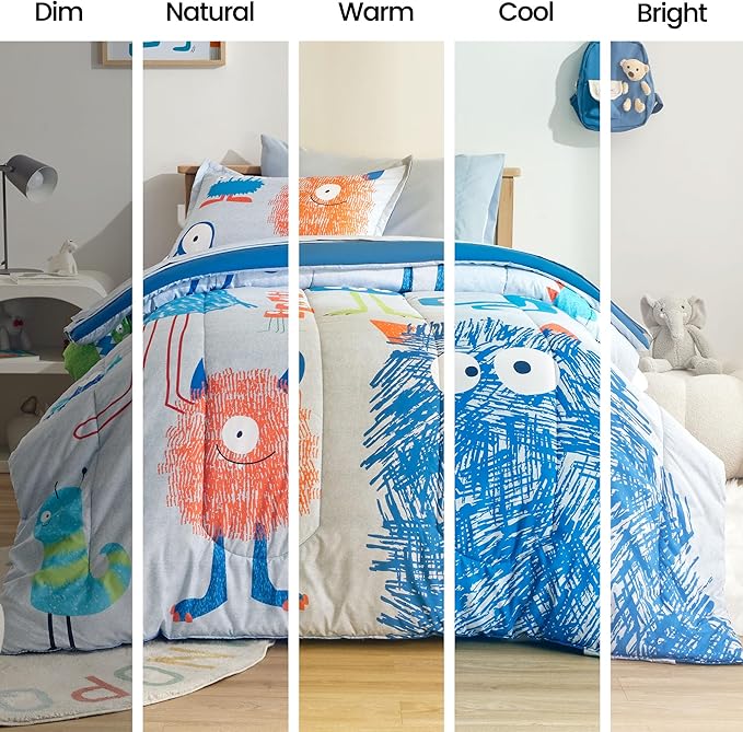 SLEEP ZONE Kids Bedding Comforter Set Full/Queen Size - Super Cute & Soft Kids Bedding 7 Pieces Set with Comforter, Sheet, Pillowcase & Sham (Monster) - LeafyLoom