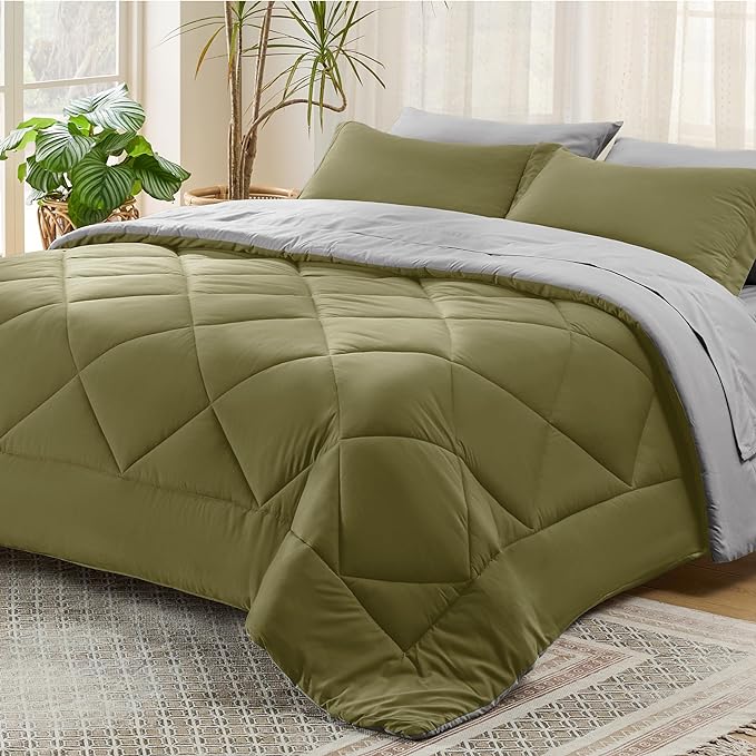 Bedsure Olive Green California King Size Comforter Set - 7 Pieces Reversible Cal Bed in a Bag Bed Set with Comforters, Sheets, Pillowcases & Shams, California King Bedding Sets - LeafyLoom