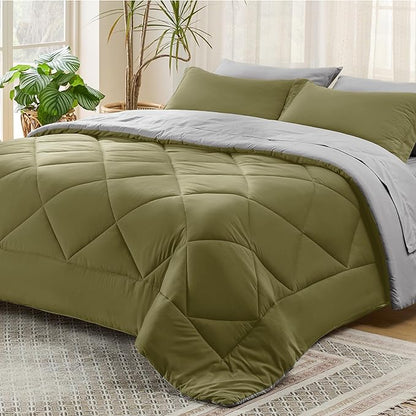 Bedsure Olive Green California King Size Comforter Set - 7 Pieces Reversible Cal Bed in a Bag Bed Set with Comforters, Sheets, Pillowcases & Shams, California King Bedding Sets - LeafyLoom