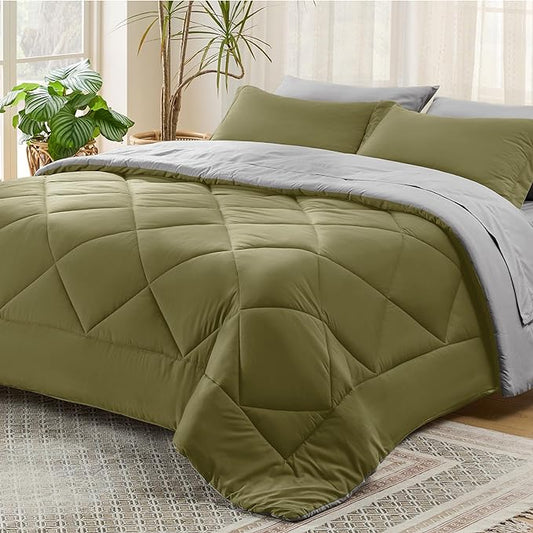 Bedsure Olive Green Full Size Comforter Set - 7 Pieces Reversible Full Bed in a Bag Full Bed Set with Comforters, Sheets, Pillowcases & Shams, Full Bedding Sets - LeafyLoom