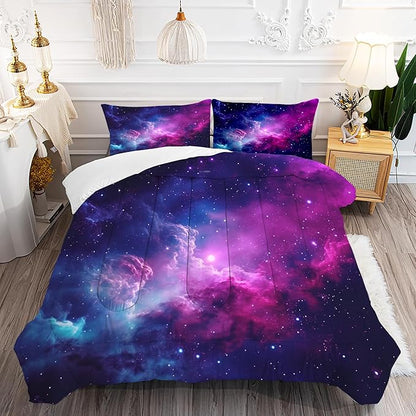 Galaxy Comforter Sets Queen Size Purple Outer Space Bedding Set for Teen Girls Boys Kids Children Bedroom Dorm Quilt 1 Comforter + 2 Pillow Cases - LeafyLoom