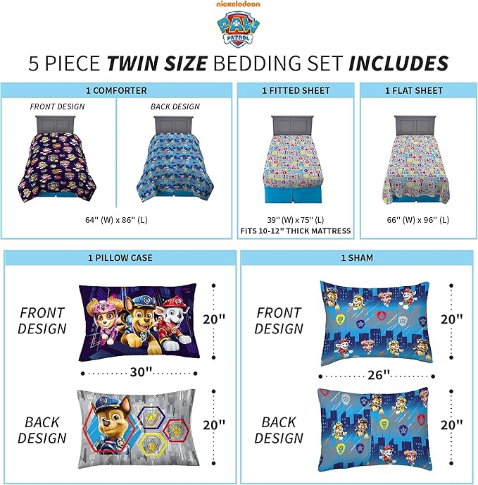 Franco Kids Bedding Super Soft Comforter and Sheet Set with Sham, 5 Piece Twin Size, Paw Patrol Movie - LeafyLoom