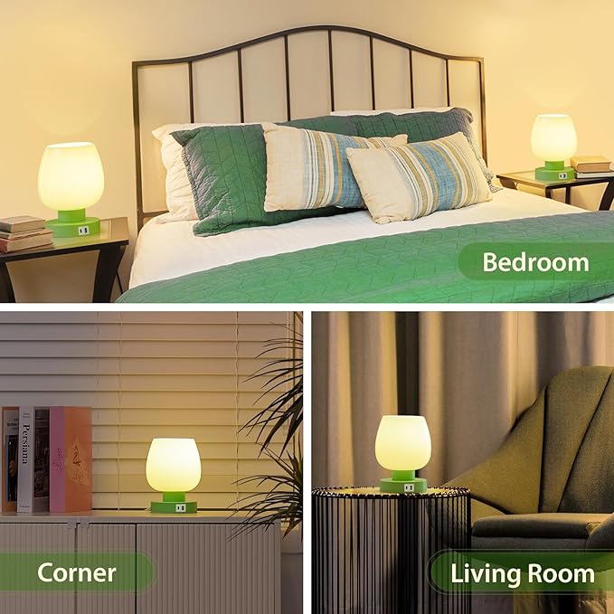 Touch Bedside Table Lamp with USB Charging - Modern Green Small Lamp for Bedroom Living Room Nightstand, Desk lamp with Glass Lamp Shade, Warm LED Bulb Included, 3 Way Dimmable, Simple Design - LeafyLoom