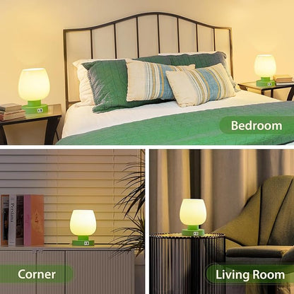 Touch Bedside Table Lamp with USB Charging - Modern Green Small Lamp for Bedroom Living Room Nightstand, Desk lamp with Glass Lamp Shade, Warm LED Bulb Included, 3 Way Dimmable, Simple Design - LeafyLoom