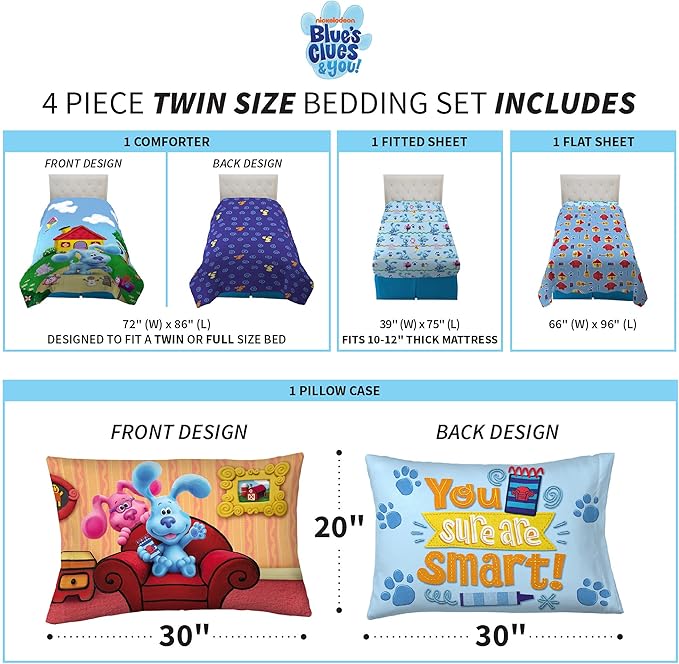 Franco Kids Bedding Super Soft Comforter and Sheet Set, 4 Piece Twin Size, Blues Clues - LeafyLoom