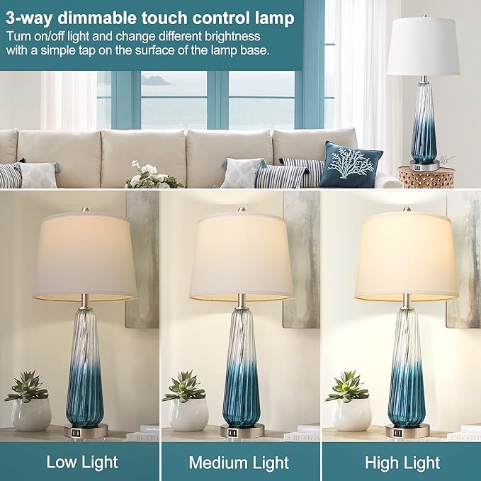 Table Lamps for Living Room with Touch Control, 3-Way Dimmable Bedside Lamps with 2 USB Ports, Modern Glass Nightstand Lamp with White Fabric Shade, 27.5" Large Lamps for Home Bedrooms Decorations - LeafyLoom