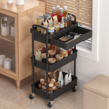 3-Tier Rolling Cart，Trolley with Drawer, Multifunctional Storage Organizer with Plastic Shelf & Metal Wheels, Kitchen Storage Cart for Living Room, Kitchen, Office, Bathroom, Black - LeafyLoom