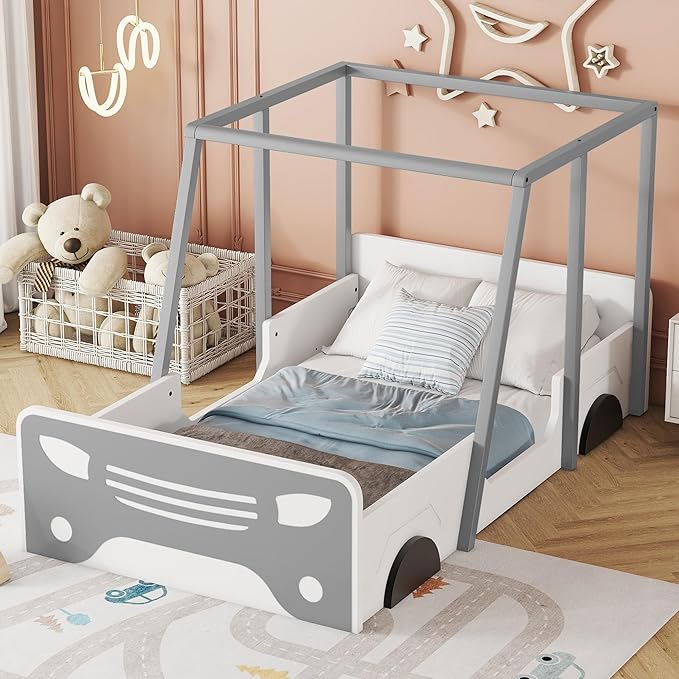 Toddler Twin Size Car Bed with Roof & Door,Wooden Car-Shaped Floor Bedframe W/Safety Guardrail,Racecar Design,Easy Assembly,Montessori Inspired Bedroom Furniture for Boys Kids Teens,Grey - LeafyLoom