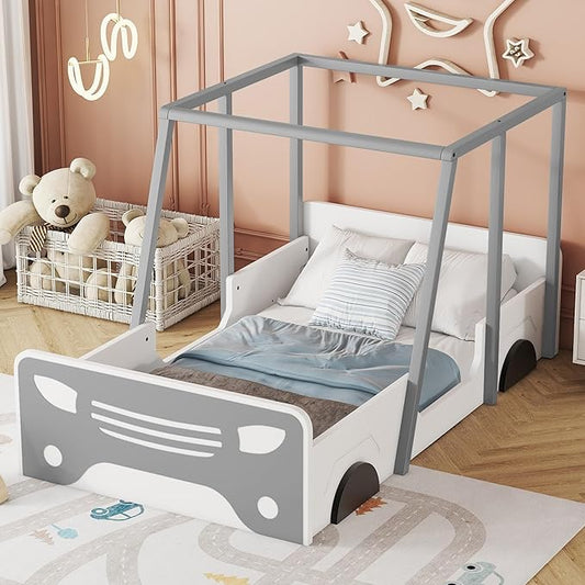 Twin Size Bed Car-Shaped,Twin Montessori Floor Bed Frame Car Bed with Wheels and Door, Solid Wood Twin Car-Shaped Platform Bed for Children, Boys, Girls, Toddler, Without Slats,Grey - LeafyLoom