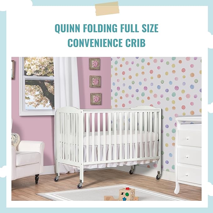 Folding Full Size Convenience Crib In White, Two Adjustable Mattress Height Positions, Comes With Heavy Duty Locking Wheels, Flat Folding Crib - LeafyLoom