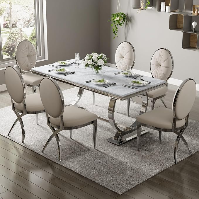 ACEDÉCOR Dining Chairs, White Velvet Dining Room Chairs with Silver Mirrored Legs, Glam White Kitchen Chairs for Dining Room, Kitchen, Living Room (Set of 8) - LeafyLoom