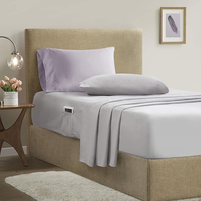 Comfort Spaces Bed in A Bag - Trendy Casual Design Cozy Comforter with Complete Sheet Set with Side Pocket, All Season Cover, Matching Shams Twin XL(66 in x 90 in), Kate, Grey/Purple 6 Piece - LeafyLoom