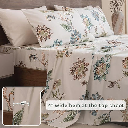 QSH Floral Bed Sheets King Size - 100% Egyptian Cotton Floral Bedding Sheets Botanical Leaves Flower Pattern Printed Bedding King Size Bed Sheets 17.5" Extra Deep Pocket 4pcs - LeafyLoom