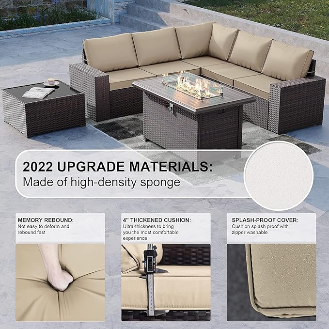 Kullavik 7 Pieces Outdoor Patio Furniture Set with 43" 55000BTU Gas Propane Fire Pit Table PE Wicker Rattan Sectional Sofa Patio Conversation Sets,Khaki - LeafyLoom