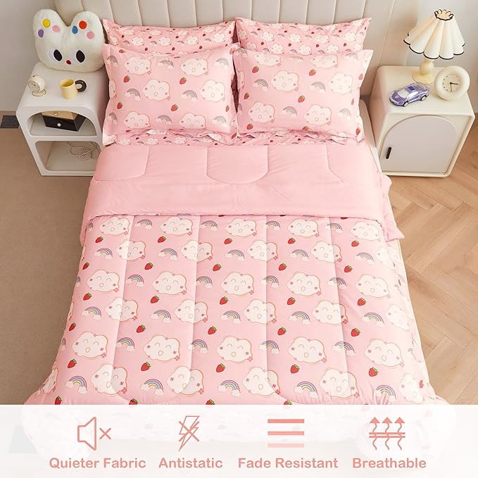 Mooreeke Bed in a Bag for Kids Girls Teens, 7 Pieces Full Size Comforter Bed Set with Shams, Sheet Set, Rainbow Cloud Strawberry Pink Super Soft Microfiber Kids Comforter Bedding Set - LeafyLoom