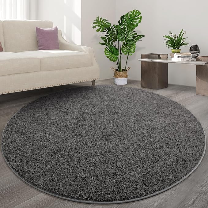 Round Area Rugs for Bedroom Living Room, 5x5 Dark Grey Super Soft Comfy Thickened Memory-Foam Indoor Circle Carpet, Modern Aesthetic Minimalist Carpet for Boys Girls Adults Nursery Home Décor - LeafyLoom