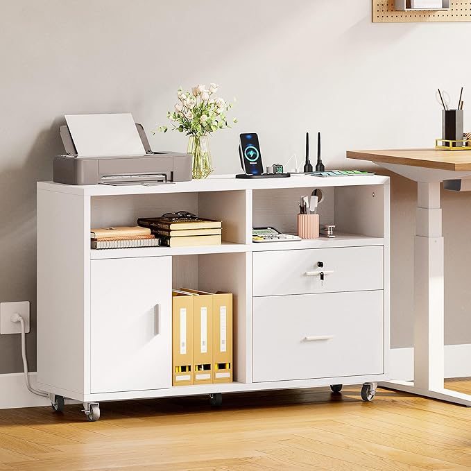 DWVO 2 Drawer File Cabinet with Charging Station, Mobile Filing Cabinet with Lock, White - LeafyLoom